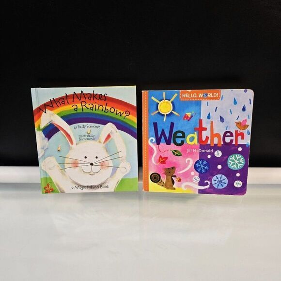 Lot of 2 Toddler Board Books - What Makes a Rainbow And Hello, World! Weather - Picture 1 of 10